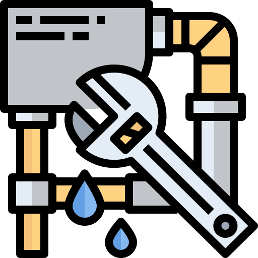Plumbing repair icon with wrench, pipes, and water drops symbolizing residential plumbing services