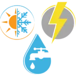 Airstream Plumbing, Heating & Air logo showing icons for HVAC (sun and snowflake), Electrical (lightning bolt), and Plumbing (water droplet with faucet).