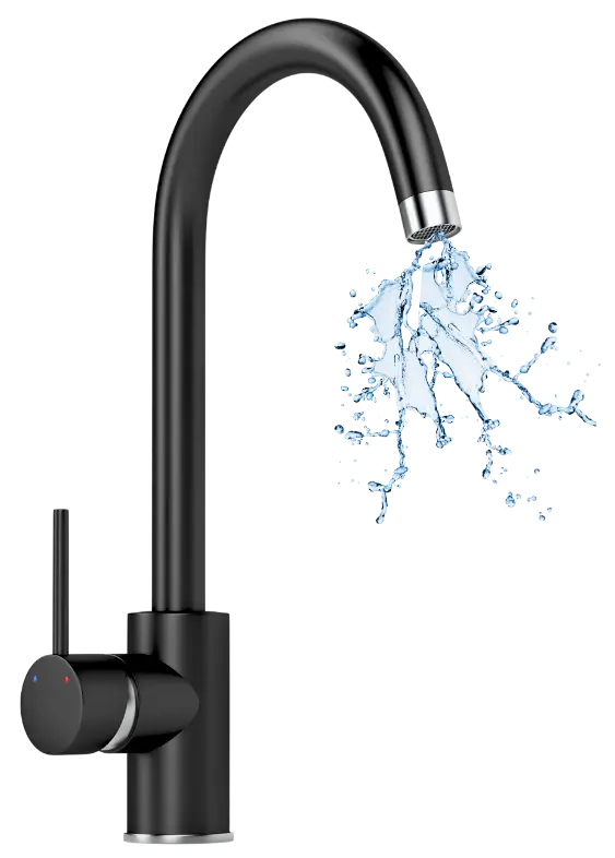 Modern matte black kitchen faucet with water splashing dynamically from the spout.