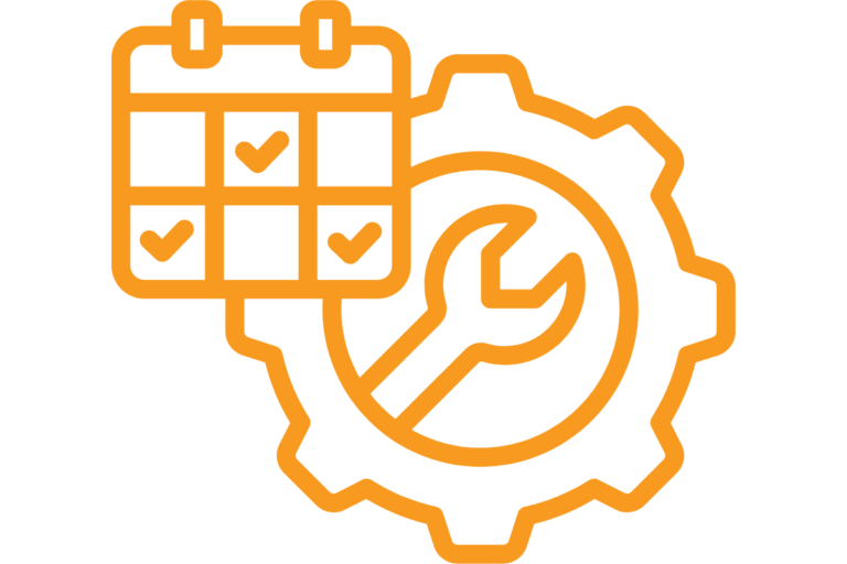 outline icon of a calendar with checkmarks and a gear with a wrench, symbolizing scheduled maintenance and service.