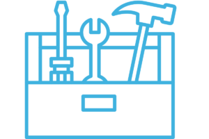 Blue outline icon of a toolbox containing a screwdriver, wrench, and hammer, symbolizing installation services.